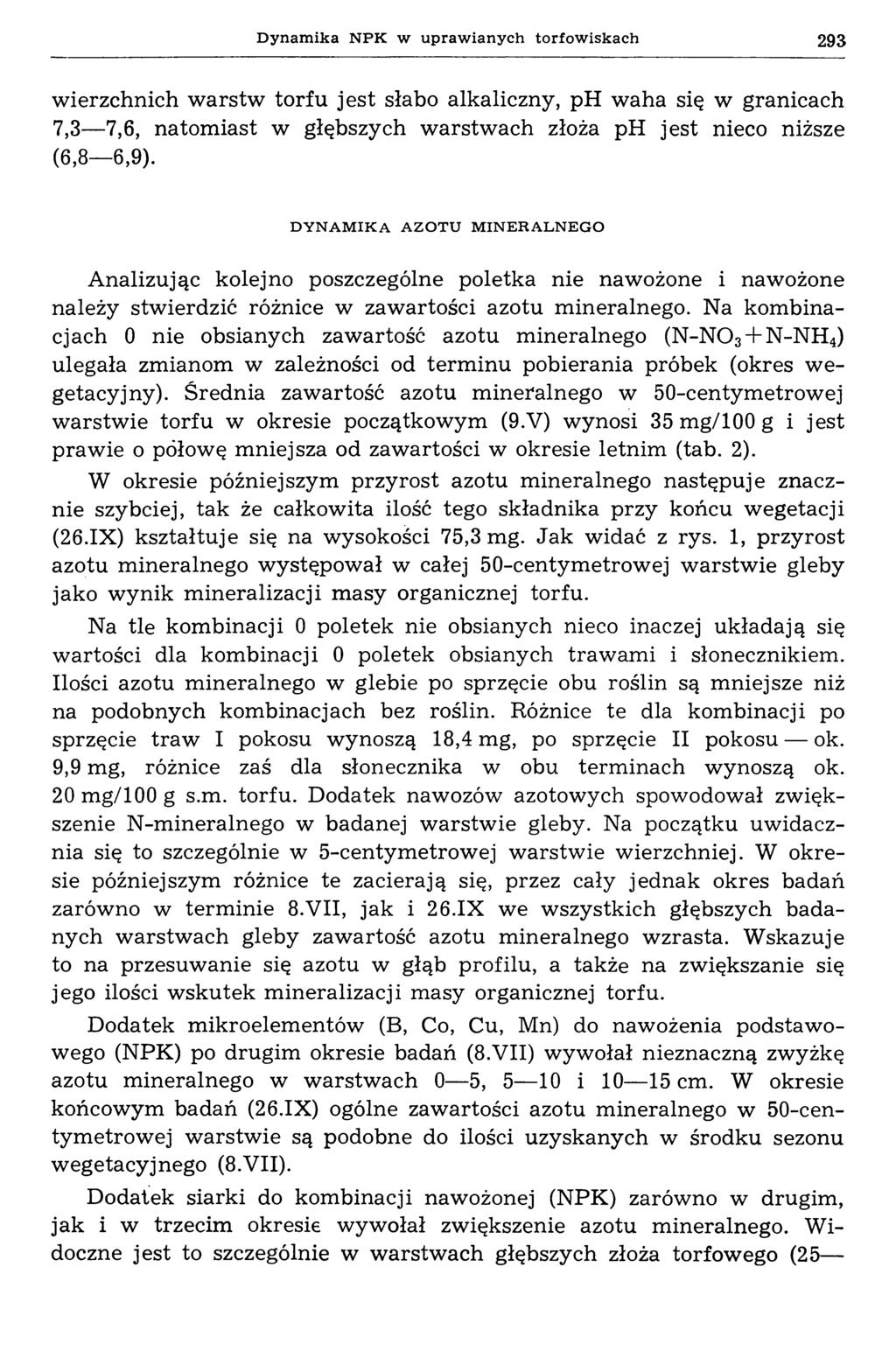 D y n a m ik a N P K w u p ra w ia n y ch to r fo w isk a c h 293 wierzchnich warstw torfu jest słabo alkaliczny, ph waha się w granicach 7,3 7,6, natomiast w głębszych warstwach złoża ph jest nieco