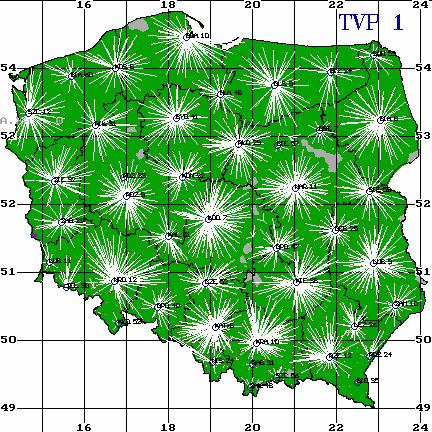 Legenda: niebieskie kółka Nadajniki TV czerwone kropki Punkty testowe białe linie Najsilniejsze sygnały zielone pole Odbiór poprawny fioletowe pole Odbiór zakłócony szare