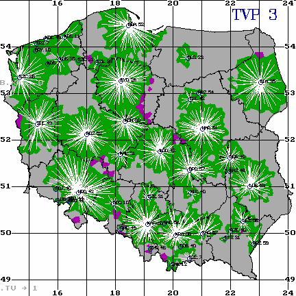 Legenda: niebieskie kółka Nadajniki TV czerwone kropki Punkty testowe białe linie Najsilniejsze sygnały zielone pole Odbiór poprawny fioletowe pole Odbiór zakłócony