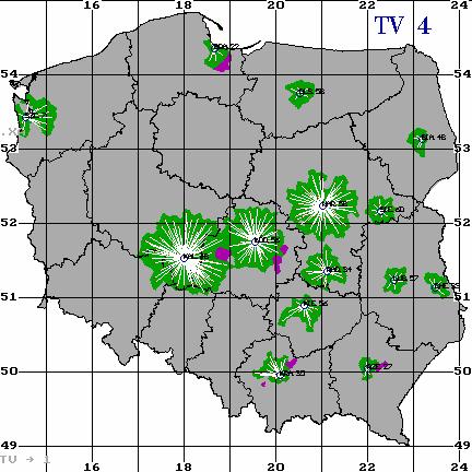 Legenda: niebieskie kółka Nadajniki TV czerwone kropki Punkty testowe białe linie Najsilniejsze sygnały zielone pole Odbiór poprawny fioletowe pole Odbiór zakłócony