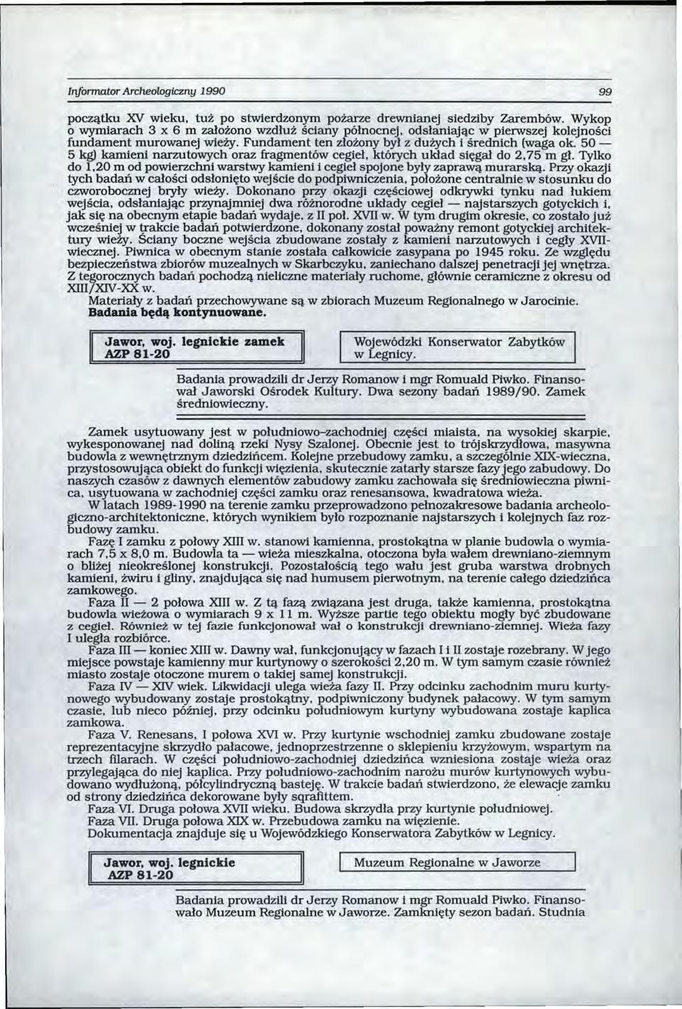 Iriformator Archeologiczny 1990 99 początku XV wieku, tuż po stwierdzonym pożarze drewnianej siedziby Zarembów.