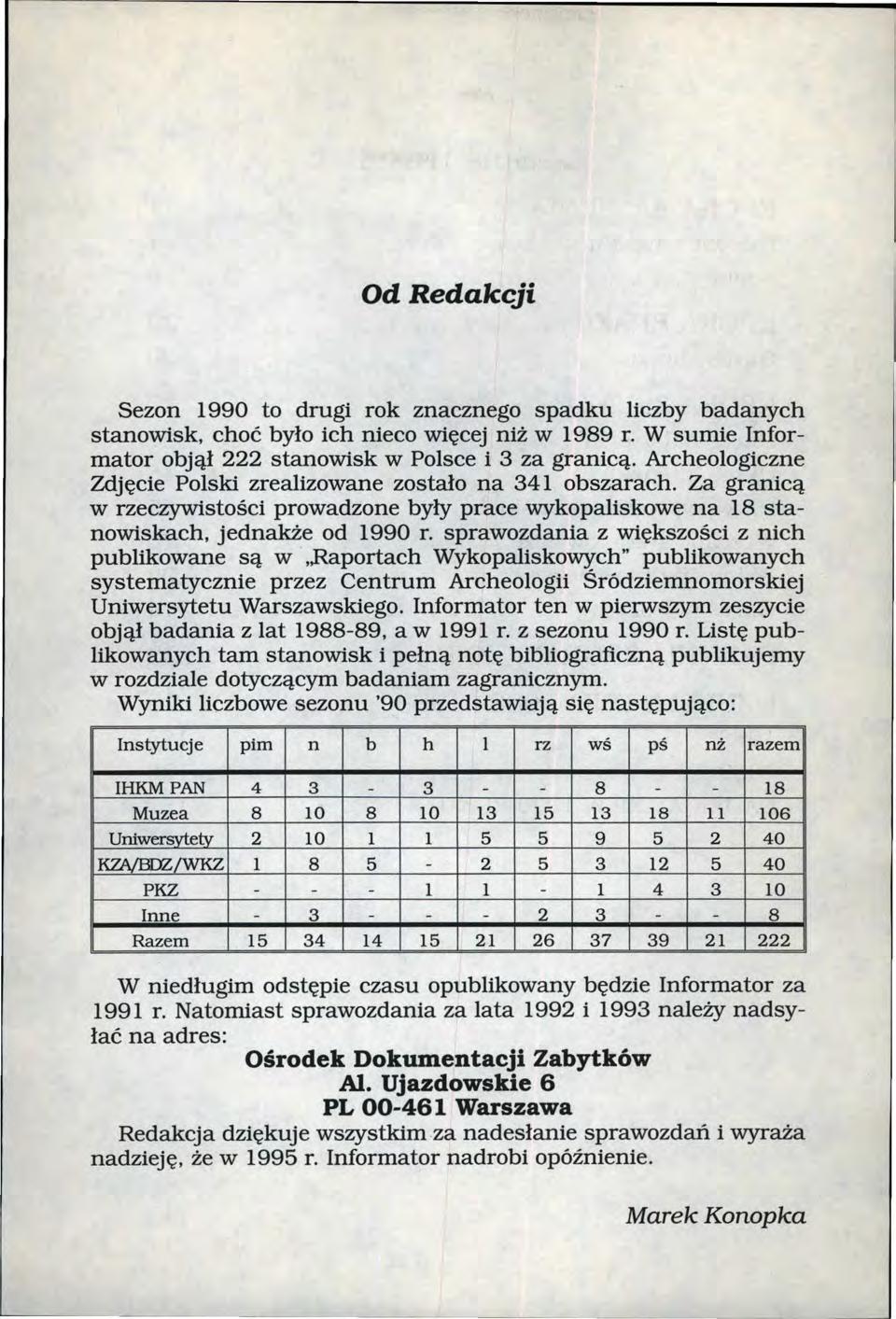 Od Redakcji Sezon 1990 to drugi rok znacznego spadku liczby badanych stanowisk, choć było ich nieco więcej niż w 1989 r. W sumie Informator objął 222 stanowisk w Polsce i 3 za granicą.
