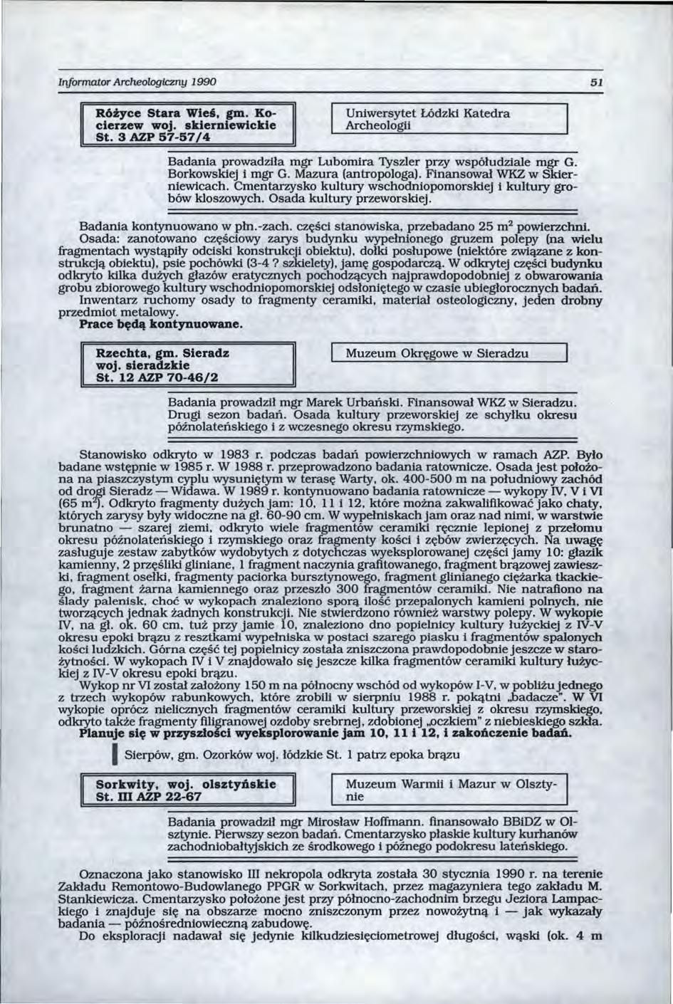 Informator Archeologiczny 1990 51 gm. Ko R6życe Stara Wieś, cierzew woj. skierniewickie St.