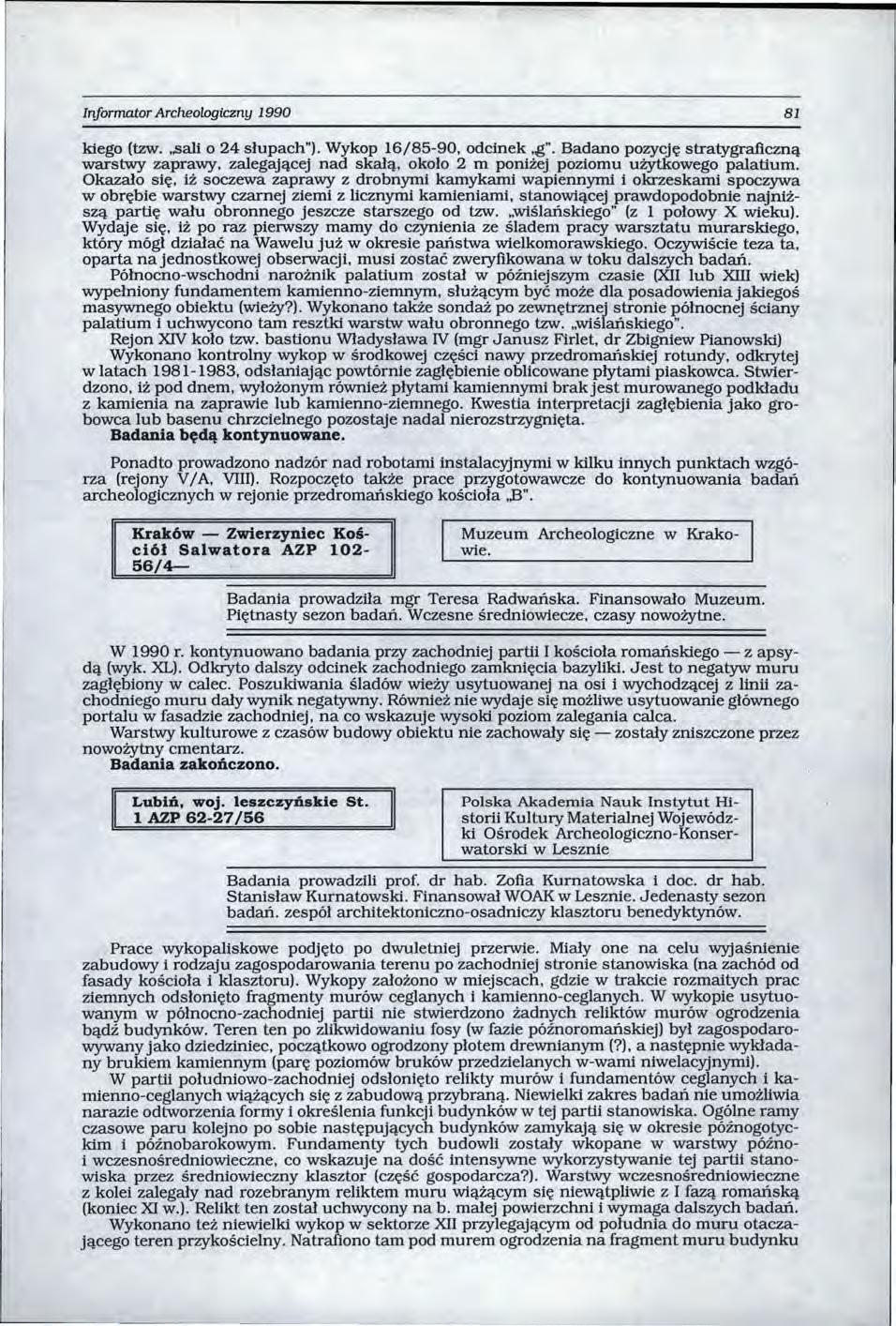 Iriformator Archeologiczny 1990 81 kiego (tzw.,,sali o 24 słupach " ). Wykop 16/85-90, odcinek,,g".