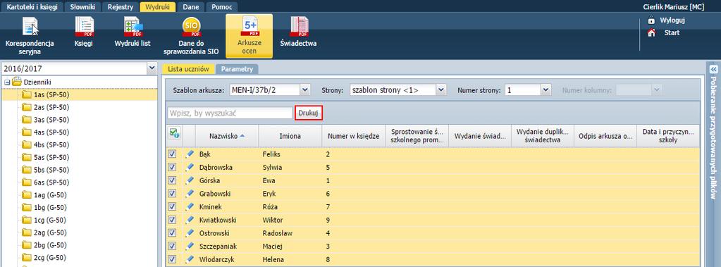 Raport to wielostronicowy dokument PDF zawierający na oddzielnych stronach wskazane przez użytkownika zestawienia (tabele SIO), wypełnione w oparciu o dane zgromadzone w systemie.