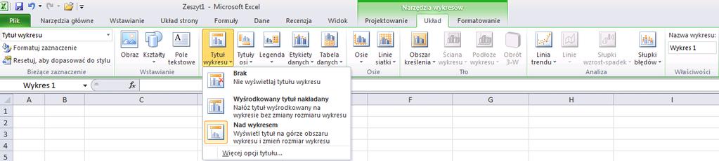Wykresy Dodanie tytułu wykresu (2 sposób) Należy: uaktywnić wykres wybrać kartę