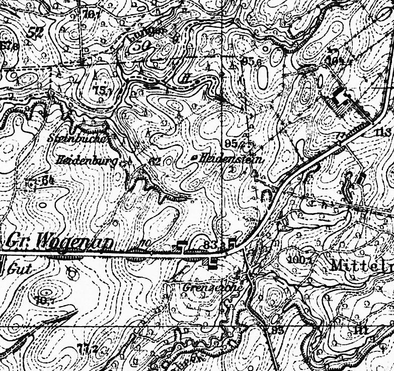 22. Jagodno, gm Elbląg, niem. Gr. Wogenap, Kr. Elbing Głaz zwany Heidenstein Pogański Kamień, położony jest w lesie, między Jagodnem, a Pruchnikiem.