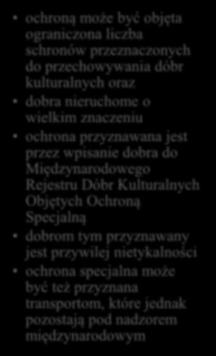 Ochrona specjalna ochroną może być objęta ograniczona liczba schronów przeznaczonych do przechowywania dóbr kulturalnych oraz dobra nieruchome o wielkim