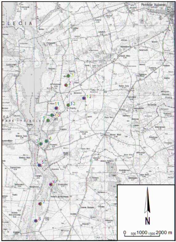 Fig. 1. Topographic map of the vicinity of Lake Gopło and distribution of monitoring wells Rys. 1. Szkic topograficzny z rozmieszczonymi studzienkami piezometrycznymi w rejonie jeziora Gopło Tab. 1. Physiographic conditions of monitoring wells Tab.