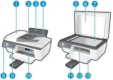 Elementy drukarki Przód drukarki 1 Automatyczny podajnik dokumentów (ADF) 2 Prowadnica szerokości papieru podajnika 3 Podajnik 4 Taca podajnika wejściowego 5 Pokrywa 6 Wewnętrzna część pokrywy 7