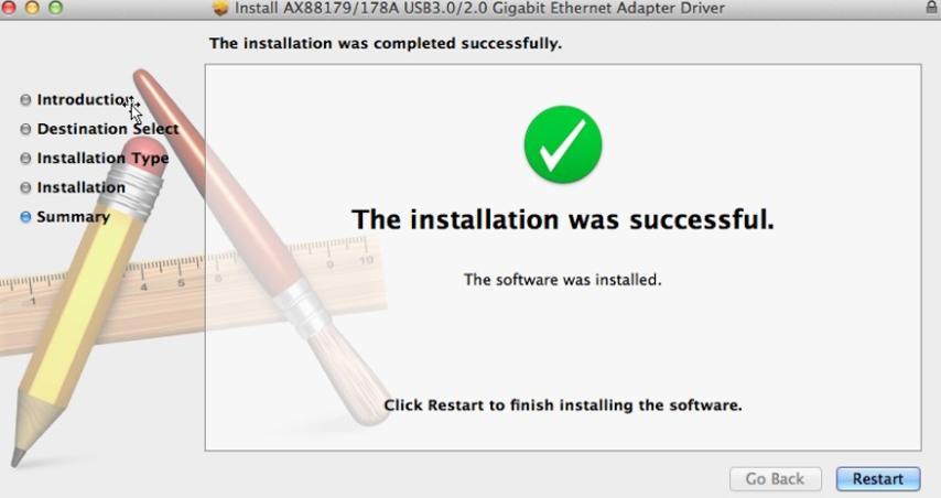 6. Kliknij przycisk "Restart", aby zrestartować system Mac OSX i zakończyć instalację. 7.