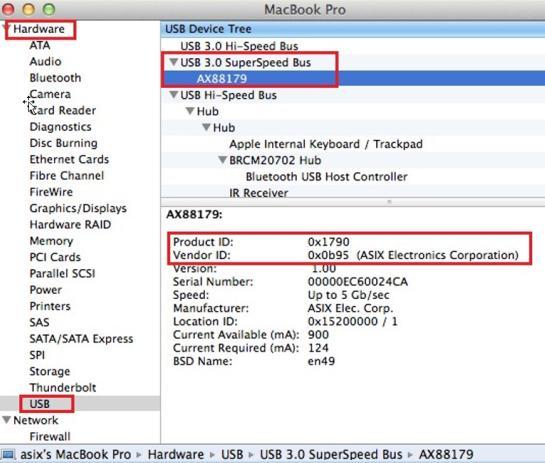 Poniższe informacje można wykorzystać do sprawdzenia, czy klucz USB został prawidłowo zidentyfikowany przez system Mac OSX i czy