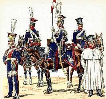 1 Pułk Szwoleżerów Gwardii Cesarskiej 1807-14 Na tym rysunku z żołnierzami Napoleońskimi wyraźnie króluje kolor czerwony i widzimy flagę czerwono-białą.