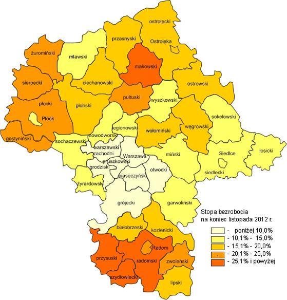 W porónaniu do listopada 2011 r. stopa bezrobocia na Mazoszu zrosła o 0,9 punktu procentoego ( kraju zrost o 0,8 punktu procentoego).