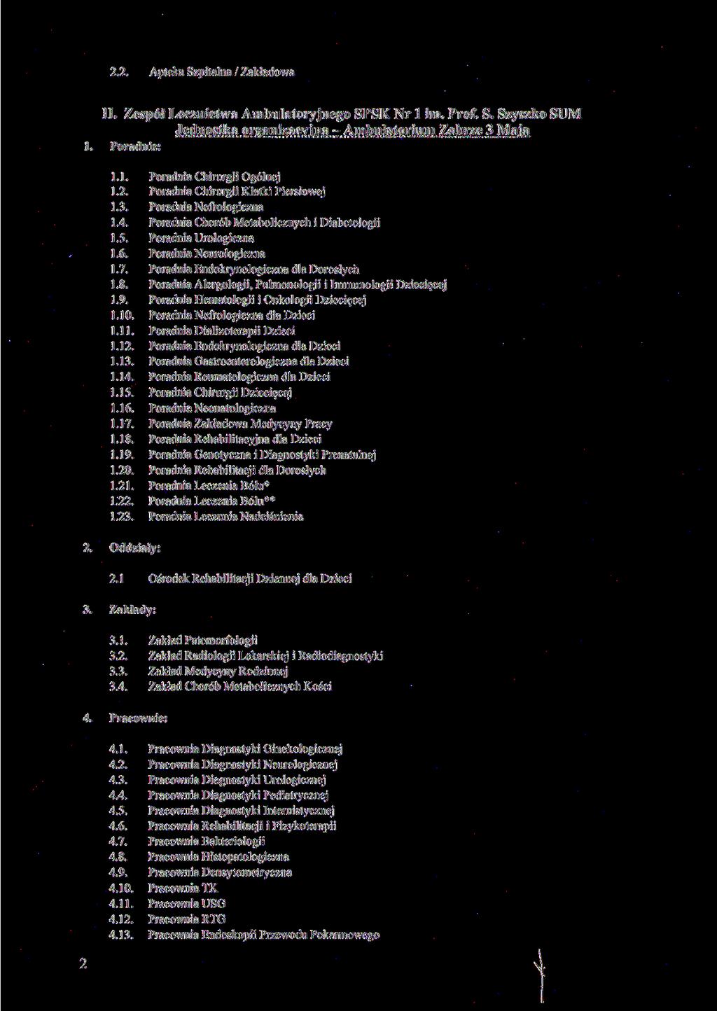 2.2. Apteka Szpitalna / Zakładowa II. Zespół Lecznictwa Ambulatoryjnego SPSK Nr l im. Prof. S. Szyszko SUM Jednostka organizacyjna - Ambulatorium Zabrze 3 Maja 1. Poradnie: 1.1. Poradnia Chirurgii Ogólnej l.