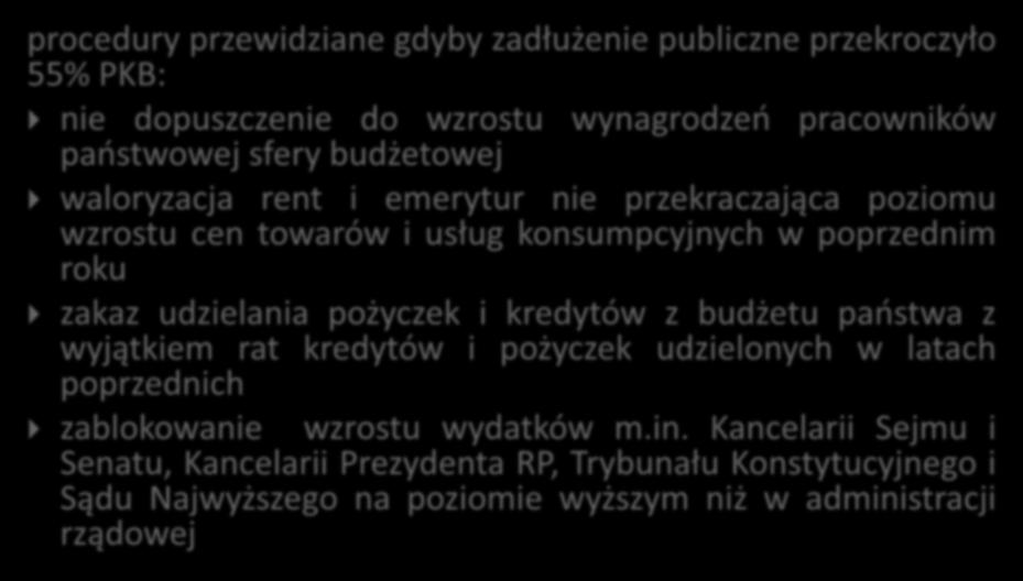 procedury przewidziane gdyby zadłużenie publiczne przekroczyło 55% PKB: nie dopuszczenie do wzrostu wynagrodzeń pracowników państwowej sfery budżetowej waloryzacja rent i emerytur nie przekraczająca