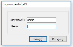 3. Przygotowanie programu do pracy. Pierwsze logowanie (rys. 2) do programu EWIF nastąpi wyłącznie z konta admin (konto administratora bazy EWIF). Konto admin nie posiada hasła.