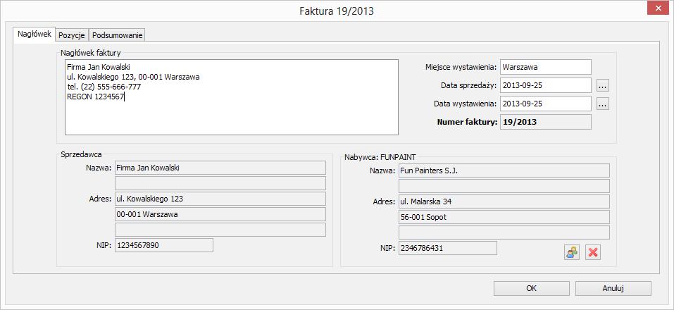 14 Rozdział 2 Wystawianie faktur daty sprzedaży i daty wystawienia, numeru faktury (numer można zmienić, jeżeli w konfiguracji numeracji faktur została zaznaczona odpowiednia opcja), danych