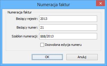 5.3 Numeracja faktur 33 Bieżący rejestr określa nazwę rejestru, w którym jest umieszczana każda nowa faktura. Nazwa może być dowolnym ciągiem, ale jej długość nie powinna przekraczać kilku znaków.