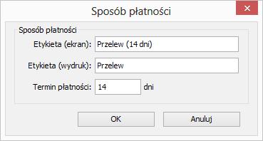 5.5 Słownik sposobów płatności 35 Po dwukrotnym kliknięciu sposobu płatności lub wybraniu przycisku Edytuj otwiera się okno, w którym można zmienić jego definicję (lub można określić parametry nowego