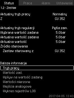 Polski (PL) 7.4.1 Aktualne alarmy (3.1) 7.4.3 Tryb pracy (1.2.1) Rys. 7 Aktualne alarmy Rys. 9 Tryb pracy Na tym ekranie wyświetlane są aktywne nieskasowane alarmy iostrzeżenia.