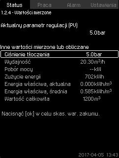 Ekran pokazuje również wszystkie siedem możliwych wartości zadanych pochodzących z CU 352 (dla sterowania w pętli zamkniętej lub otwartej). Jednocześnie wyświetlana jest wybrana wartość zadana.