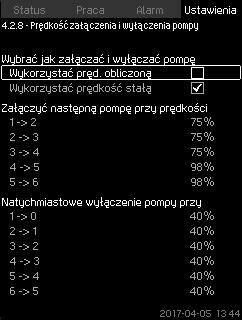 Polski (PL) 7.7.20 Prędkość załączenia i wyłączenia pompy (4.2.8) Ta funkcja steruje załączaniem i wyłączaniem pomp. Istnieją dwie opcje: 1. Wykorzystać pręd.