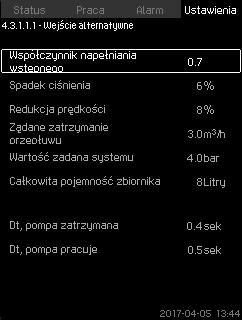 Zestaw bez łącznika przepływu lub przepływomierza. Ustawienia > Funkcje pomocnicze > Funkcja stop. Wybierz: Aktywna. 1. Ustawić: zał./wył. 2. Wybierz: Przejdź do ust. par. funkcji stop.