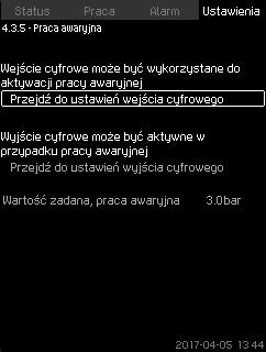 7.7.26 Praca awaryjna (4.3.5) 7.7.27 Wejścia cyfrowe (4.3.7) Polski (PL) Rys. 72 Praca awaryjna Rys. 73 Wejścia cyfrowe Funkcja ta jest używana do zastosowań podnoszenia ciśnienia.