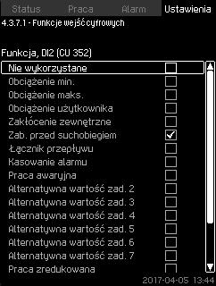 Polski (PL) 7.7.28 Funkcje wejść cyfrowych (4.3.7.1) Wej. cyfrowe DI1 (CU 352) [10] DI2 (CU 352) [12] Funkcja Zewnętrzne Zał./Wył. Styk otwarty = stop Uwaga: Nie można zmienić ustawień wejścia 1.