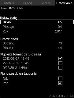 7.7.65 Data i czas (4.5.3) 7.7.66 Hasło (4.5.4) Polski (PL) Rys. 117 Data i czas Rys. 118 Hasło Na tym ekranie można ustawić datę i godzinę oraz sposób, w jaki będą przedstawione na wyświetlaczu.