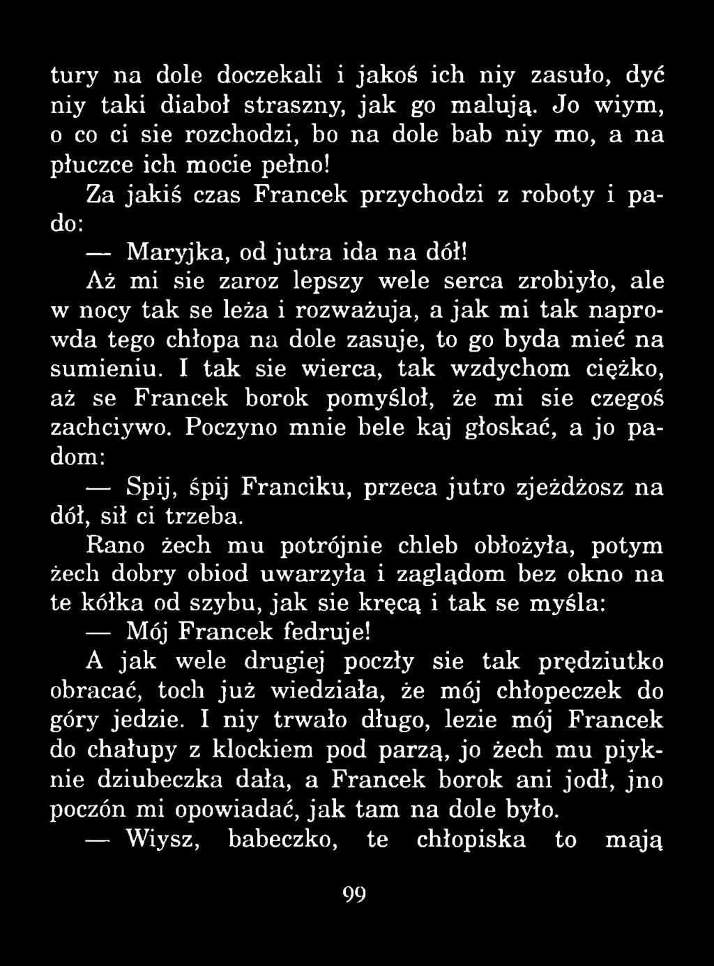 tury na dole doczekali i jakoś ich niy zasuło, dyć niy taki diaboł straszny, ja k go m alują. Jo wiym, o co ci sie rozchodzi, bo na dole bab niy mo, a na płuczce ich mocie pełno!
