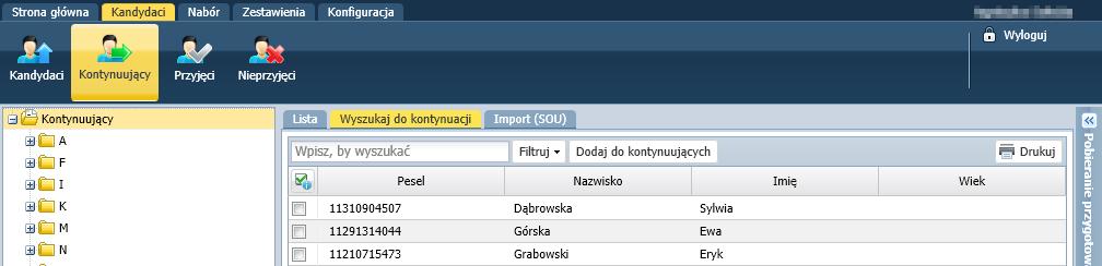 Nabór Przedszkola. Jak wprowadzić dzieci, które kontynuują uczęszczanie do przedszkola? 2/6 2. Na wstążce przejdź do widoku Kandydaci/ Kontynuujący 3.