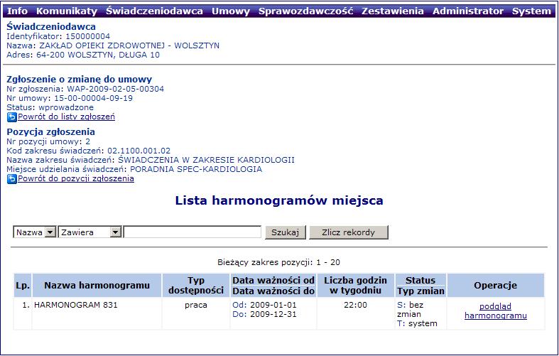 Struktura zgłoszenia zmiany do umowy Harmonogramy miejsca Opcja Podgląd