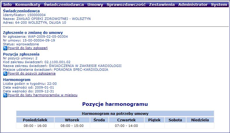 Struktura zgłoszenia zmiany do umowy - Podgląd harmonogramu miejsca Podgląd pozycji