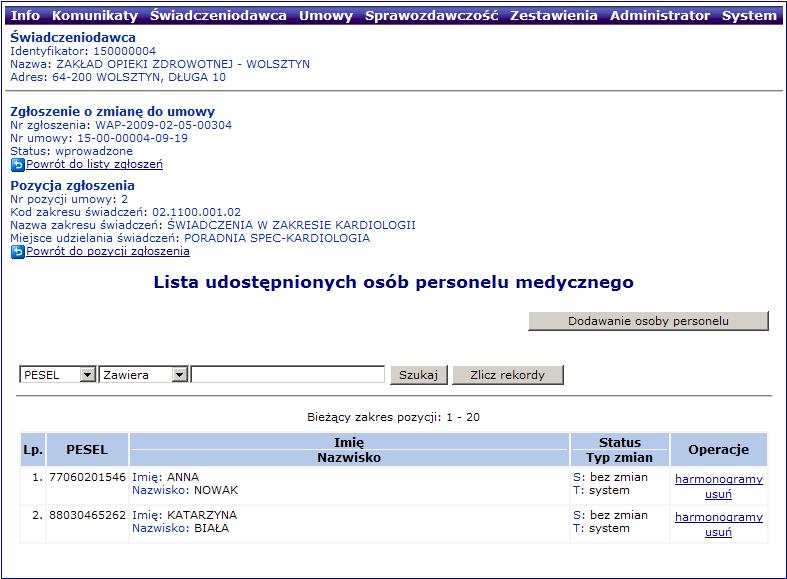 Podgląd pozycji zgłoszenia zmiany do umowy - Personel: usunięcie osoby personelu Opcja