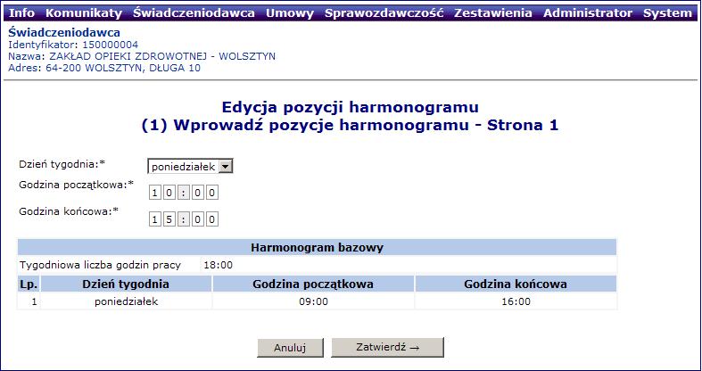 Podgląd pozycji zgłoszenia zmiany do umowy Harmonogramy personelu: edycja dodawanie pozycji W przypadku wprowadzania pozycji zawierającej dzieo, dzieo, który który nie występował dotychczas już w