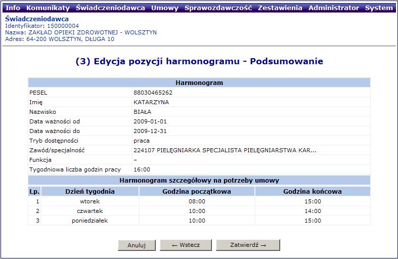 Podgląd pozycji zgłoszenia zmiany do umowy Harmonogramy personelu: edycja dodawanie