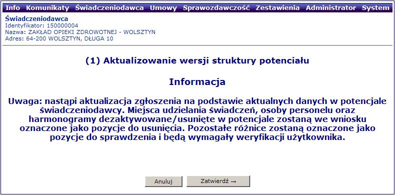 Aktualizacja zgłoszenia zmiany do umowy Opcja Zatwierdź