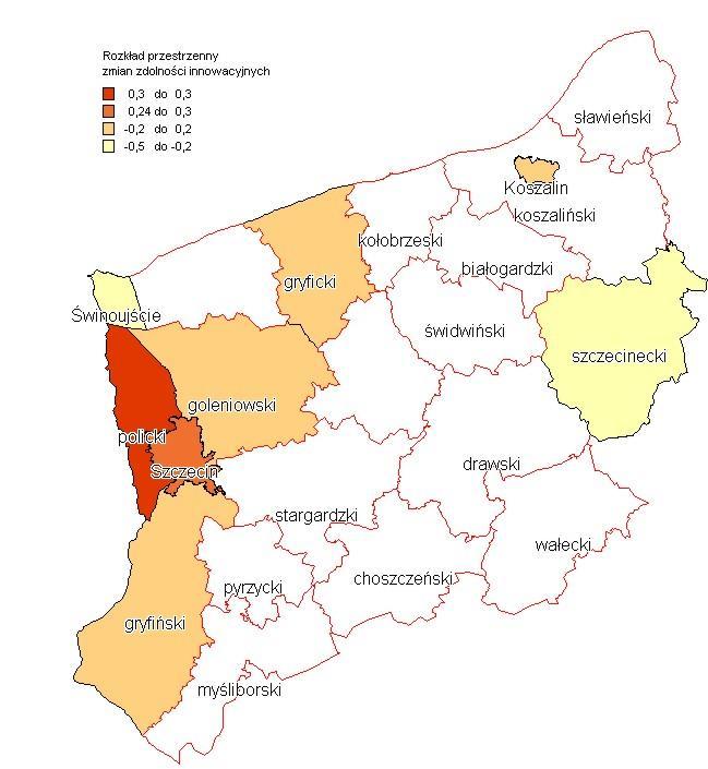 Szczegółowy rozkład dynamiki zmian zdolności innowacyjnych badanych przedsiębiorstw w przestrzenie geograficznej regionu zachodniopomorskiego został zaprezentowany na rysunku nr 2.