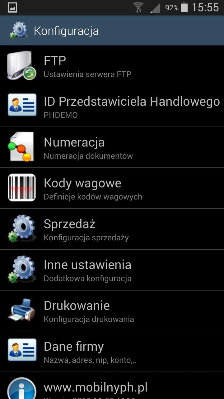 9. Konfiguracja. W tej opcji można dokonać ustawień aplikacji mobilnej. Po wybraniu opcji 'Konfiguracja' pojawi się lista ustawień konfiguracyjnych.