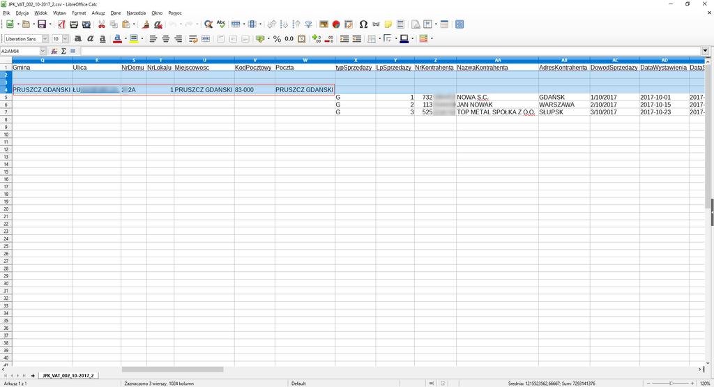 JPK_VAT przygotowanie danych Przygotowanie pliku CSV w arkuszu kalkulacyjnym Wypełniamy poszczególne wiersze dotyczące sprzedaży