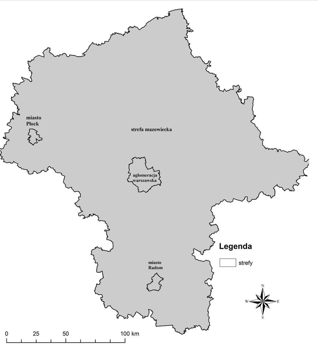 Źródło: Roczna ocena jakości powietrza w województwie mazowieckim 2016 Rysunek 14. Podział województwa mazowieckiego na strefy ze względu na ochronę powietrza.