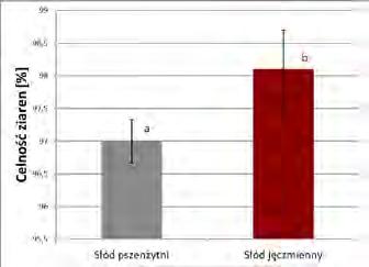 Wyróżniki jakościowe powstałego słodu pszenżytniego takie jak: sucha masa, szklistość ziaren, masa 1000 ziaren, ekstraktywność oraz celność przyjmują wartości normatywne dla słodu jęczmiennego. 3.