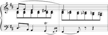Przykład 3. C. Franck, Fantaisie en la, t. 62 63, chromatyczny pochód równoległych tercji w górę, w ramach akordu a-moll Przykład 4. C. Franck, Pièce héroïque, pochód równoległych tercji w dół, w ramach akordu fis-moll t.