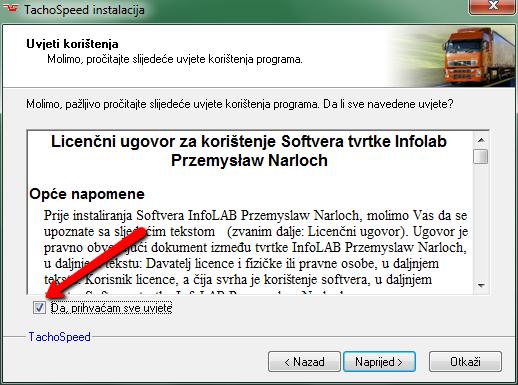 Za daljnju instalaciju programa trebate prčitati i prihvatiti Licenčni ugovor Tachoseed.