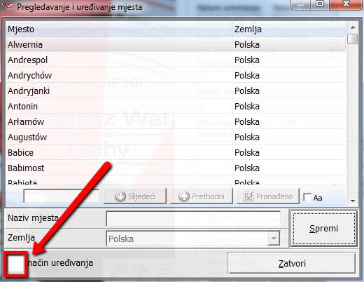 Nakon izbora mjesta s liste i izbora opcije način uređivanja možemo unijeti novi naziv mjesta ili zamijeniti zemlju u kojoj se nalazi.