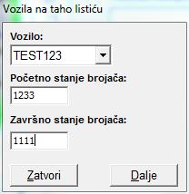 Kad kliknemo gumb Dalje novo vozilo će biti dodjeljeno za dati listić od razdoblja koje je bilo izabrano ranije s upisanim stanjem brojača.