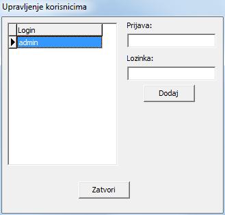Dodavanje korisnika vrši se preko upisivanja korisničkog imena i lozinke, te klikanju gumba Dodaj. Korisnika se može odjaviti koristeći opciju Wyloguj u datoteci. 15.3.