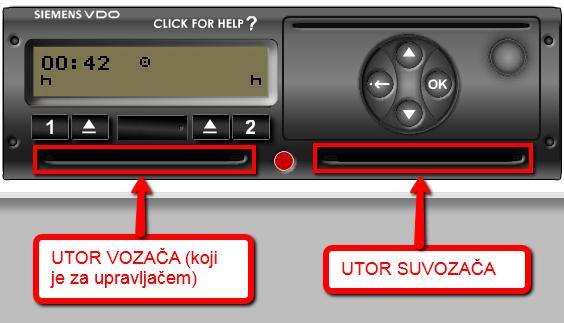 DIGITALNI TAHOGRAFI I KARTICE VOZAČA Umetanje kartice vozača i suvozača Važno je znati da se utor 1(lijevi) odnosi na bilježenje aktivnosti za vozača a utor 2 (desni) na aktivnosti suvoača.